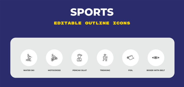 outline sports icons set - water ski, motocross, pencak silat. editable vector for web and mobile ui