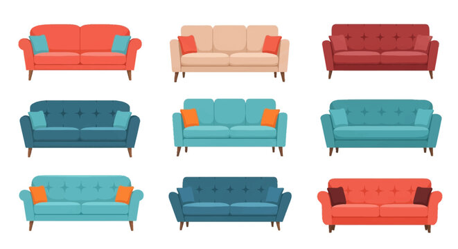 Collection of nine modern sofa and couch vector illustrations in various colors like red, blue, beige, and teal, featuring decorative throw pillows and wooden legs on a white background.