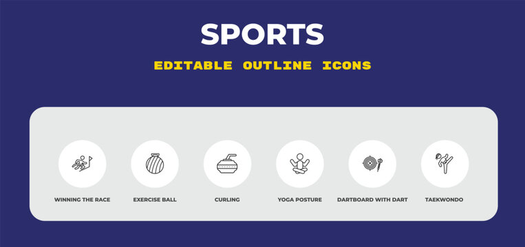 outline sports icons set - winning the race, exercise ball, curling. editable vector for web and mobile ui
