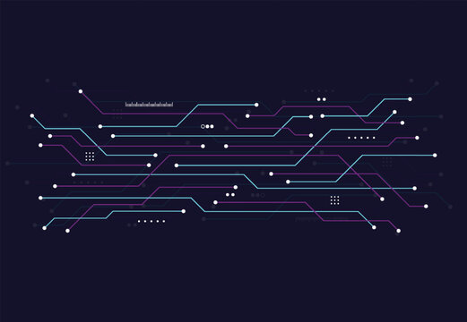 Futuristic digital circuit board pattern with blue and purple lines