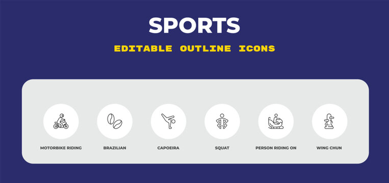outline sports icons set - motorbike riding, brazilian, capoeira. editable vector for web and mobile ui