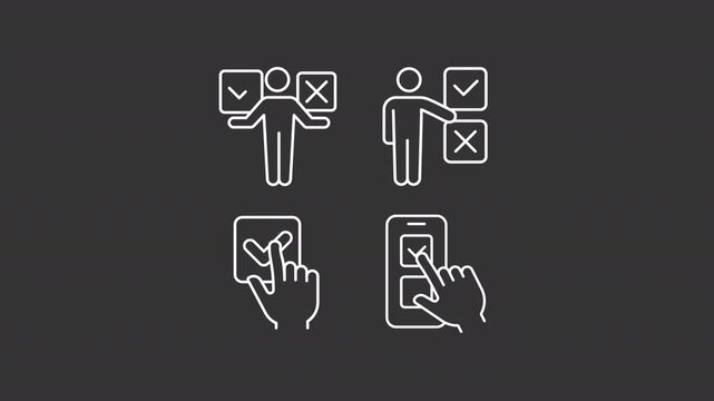 Animated problem solving skills white line icons. Survey methods animation set. Gathering feedback from customer. Business. Isolated elements on dark background. Alpha channel HD video
