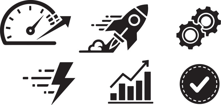 Business growth icons, speedometer, rocket, gear, chart, vector symbols