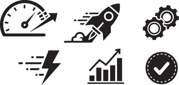 Business growth icons, speedometer, rocket, gear, chart, vector symbols