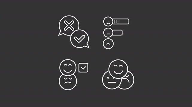 Animated survey response validation white line icons. Feedback analytics animation set. Customer experience research. Commerce. Isolated elements on dark background. Alpha channel HD video