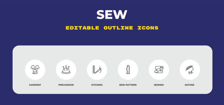outline sew icons set - garment, pincushion, stiching. editable vector for web and mobile ui