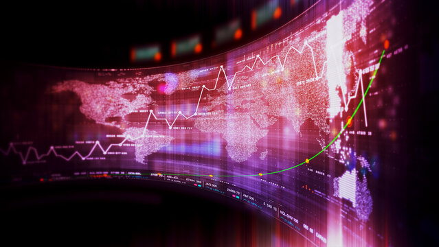 Global financial data visualization, stock market analytics, world map with rising growth chart, big data technology, digital economy, fintech trading interface, futuristic business background
