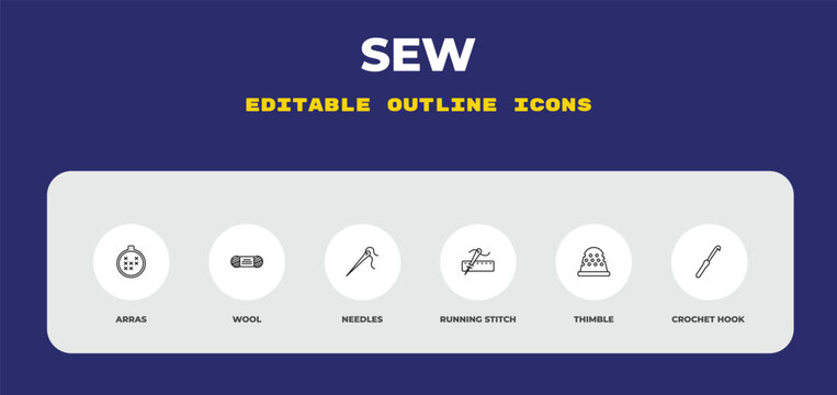 outline sew icons set - arras, wool, needles. editable vector for web and mobile ui