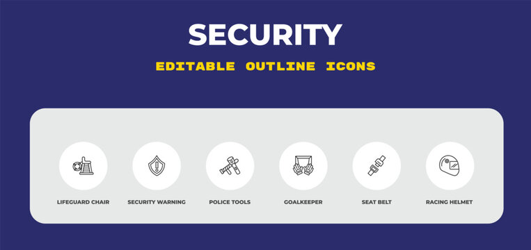 outline security icons set - lifeguard chair, security warning, police tools. editable vector for web and mobile ui