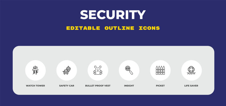 outline security icons set - watch tower, safety car, bullet proof vest. editable vector for web and mobile ui