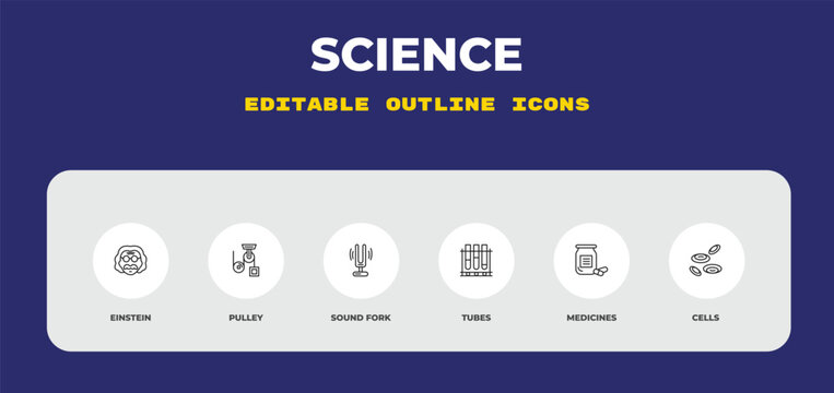 outline science icons set - einstein, pulley, sound fork. editable vector for web and mobile ui