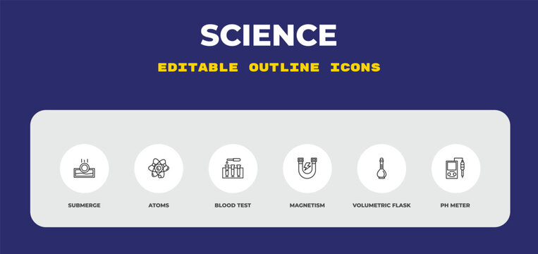 outline science icons set - submerge, atoms, blood test. editable vector for web and mobile ui