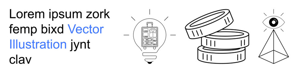 Fintech, creativity, innovation, economics, technology, and minimalism. a lightbulb with a mobile screen, stacked coins and a pyramid with an eye. Fintech and creativity © robu_s
