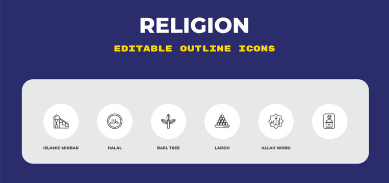 outline religion icons set - islamic minbar, halal, bael tree. editable vector for web and mobile ui