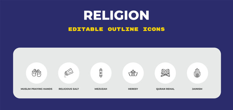 outline religion icons set - muslim praying hands, religious salt, mezuzah. editable vector for web and mobile ui