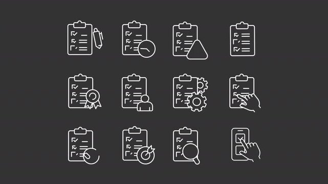 Animated checklists and surveys white line icons. Performance review animation set. Quality control. Customer feedbacks. Management. Isolated elements on dark background. Alpha channel HD video