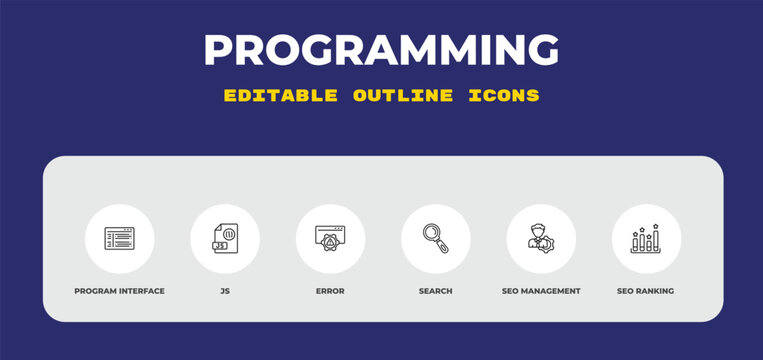 outline programming icons set - program interface, js, error. editable vector for web and mobile ui