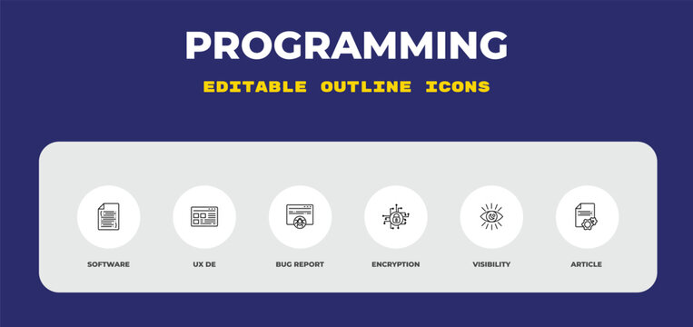 outline programming icons set - software, ux de, bug report. editable vector for web and mobile ui