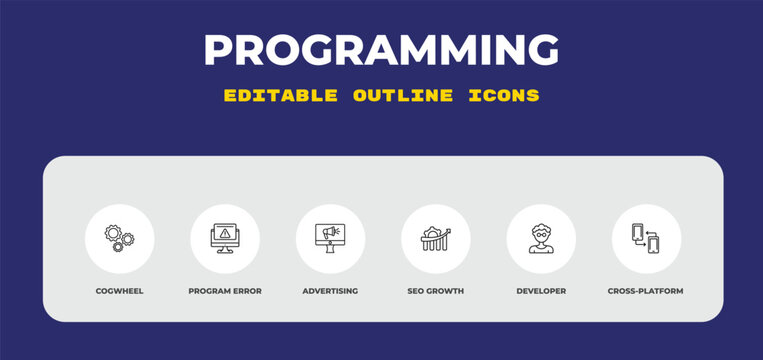 outline programming icons set - cogwheel, program error, advertising. editable vector for web and mobile ui
