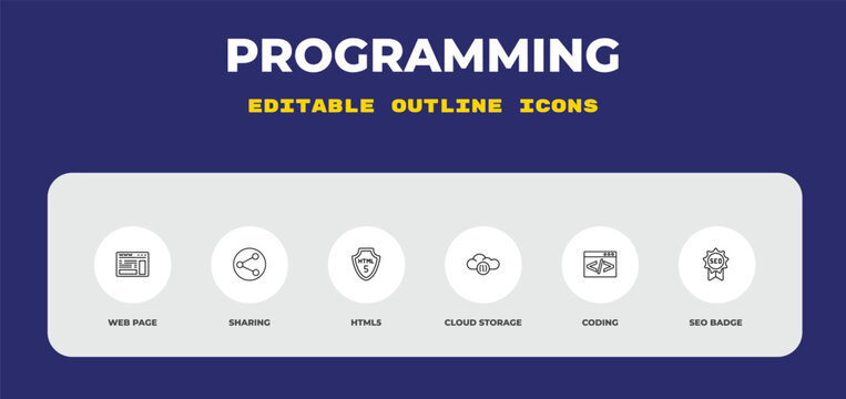 outline programming icons set - web page, sharing, html5. editable vector for web and mobile ui
