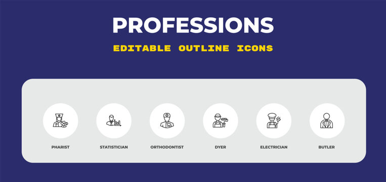 outline professions icons set - pharist, statistician, orthodontist. editable vector for web and mobile ui