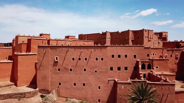 Detailed view of massive adobe walls of a Moroccan kasbah in Ouarzazate, highlighting geometric windows and desert textures. Ideal for architecture, heritage, and cinematic backgrounds.