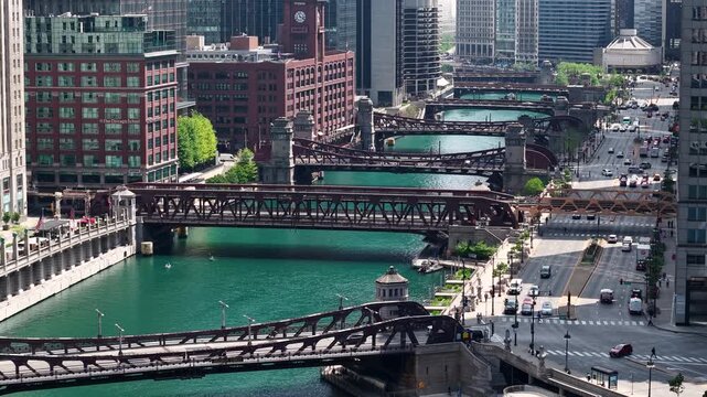Drone Shot of Chicago Downtown Bridges, River and Traffic Under Centra; Buildings, Illinois USA