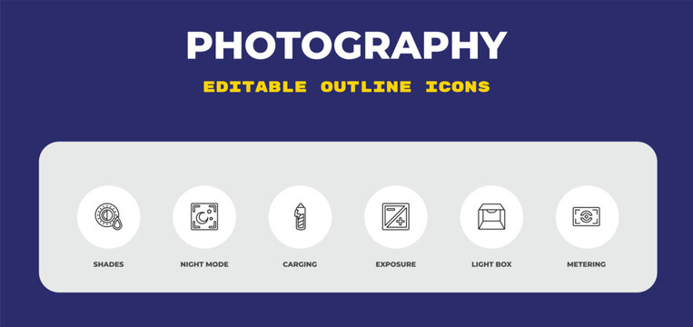 outline photography icons set - shades, night mode, carging. editable vector for web and mobile ui