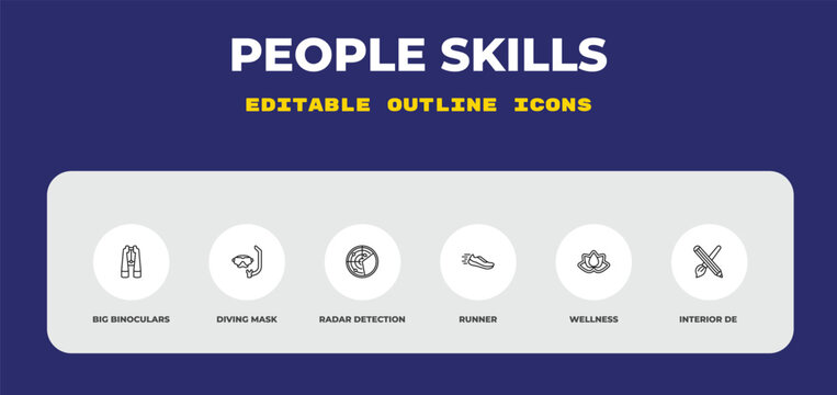 outline people skills icons set - big binoculars, diving mask, radar detection. editable vector for web and mobile ui