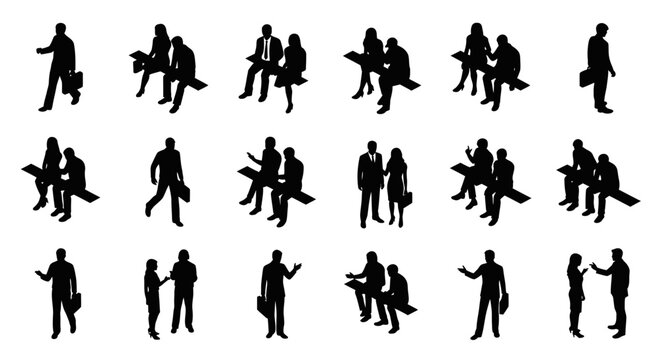 a versatile set of isometric business people silhouettes walking sitting on benches and talking for corporate designs.