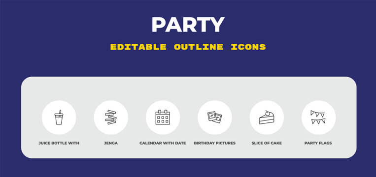 outline party icons set - juice bottle with straw, jenga, calendar with date. editable vector for web and mobile ui