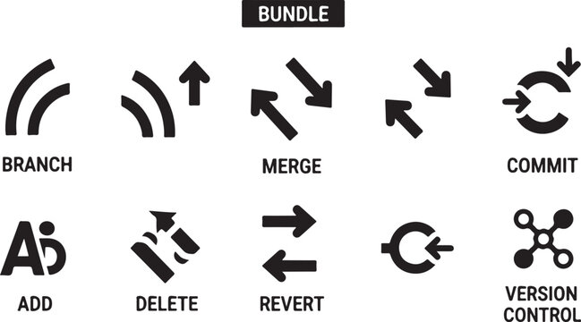 Git, version control, coding icons, 9 symbols, bundle, vector graphics
