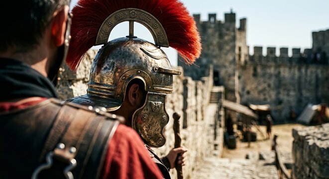 Roman Centurion Wearing Ornate Helmet Guarding Ancient Fortress Walls