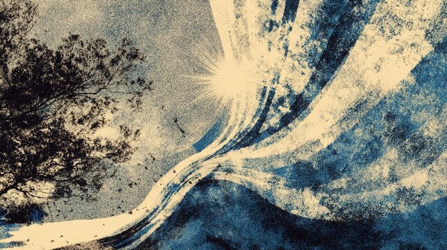 Abstract luminous background with brilliant blue white curved diagonal light from upper right to lower left, ethereal intense glow fading into deep saturated blue and dark textured backdrop
