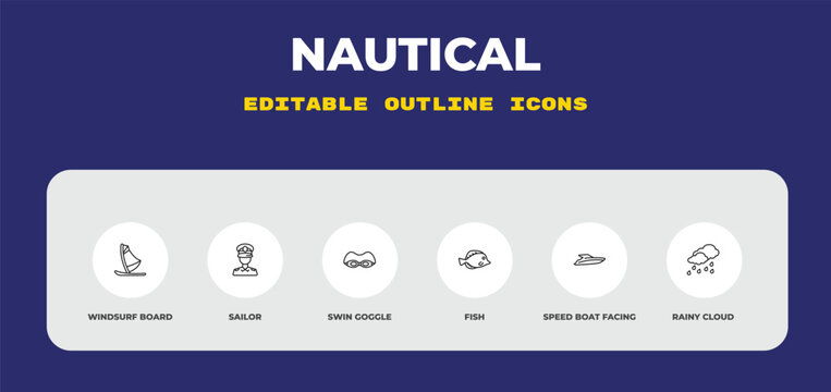 outline nautical icons set - windsurf board, sailor, swin goggle. editable vector for web and mobile ui