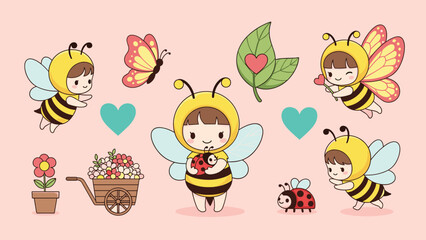 Fototapeta premium Cute little girls in garden insect costumes like honeybees and ladybugs playing among flowers and hearts in a spring meadow scene.