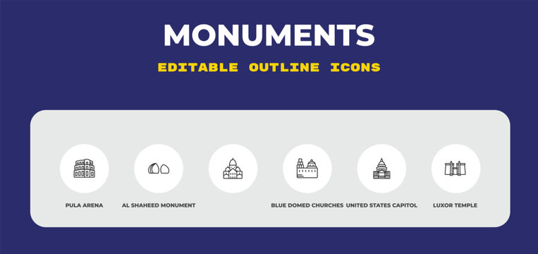 outline monuments icons set - pula arena, al shaheed monument, . editable vector for web and mobile ui
