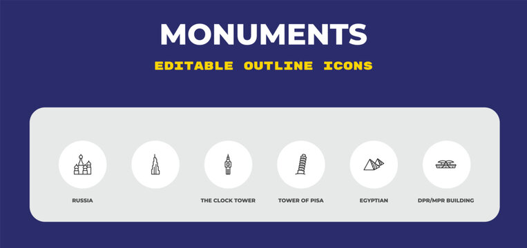 outline monuments icons set - russia, , the clock tower. editable vector for web and mobile ui