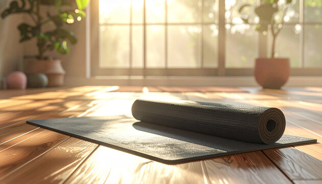Yoga mat rolled up on wooden floor near window with sunlight and plants