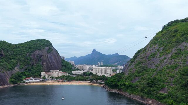 Aerial Establishing Pan of Praia Vermelha and Sugarloaf Cable Car in Rio de Janeiro Brazil