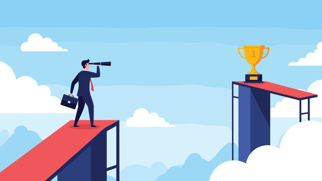 Businessman standing on a platform looking through a telescope towards a winner trophy on another high platform.