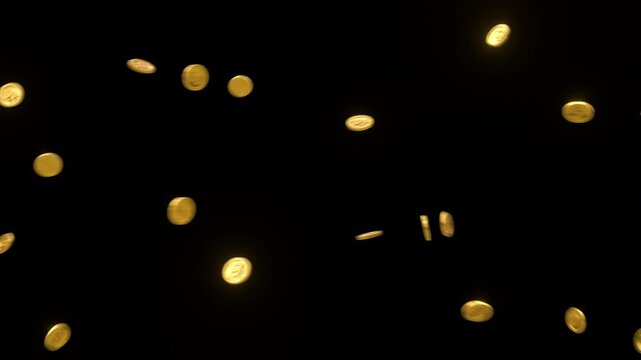 Gold coins floating on black background with green screen and alpha matte
