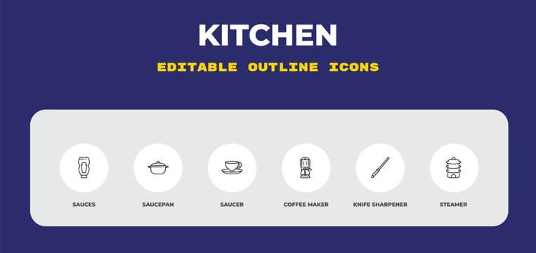 outline kitchen icons set - sauces, saucepan, saucer. editable vector for web and mobile ui