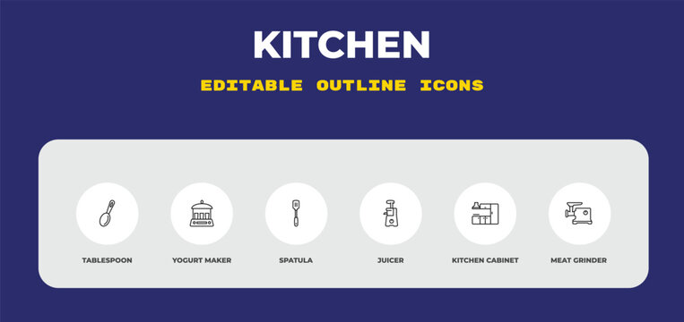 outline kitchen icons set - tablespoon, yogurt maker, spatula. editable vector for web and mobile ui