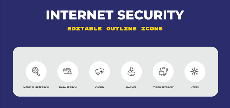 outline internet security icons set - medical research, data search, cloud. editable vector for web and mobile ui