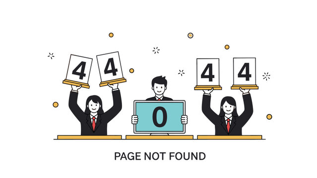Colorful 404 error page not found web design featuring diverse characters holding up number signs for a technical website error.