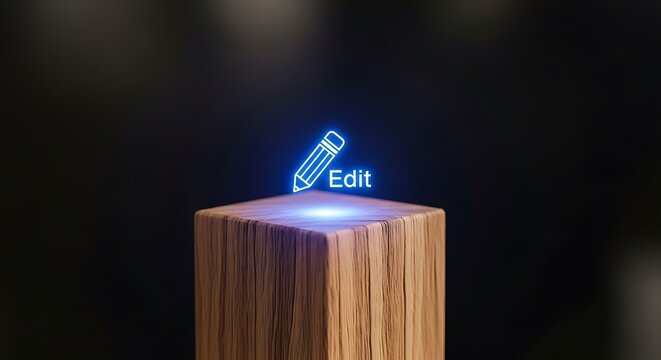 Glowing blue digital quill pen floating above a wooden block illuminated base