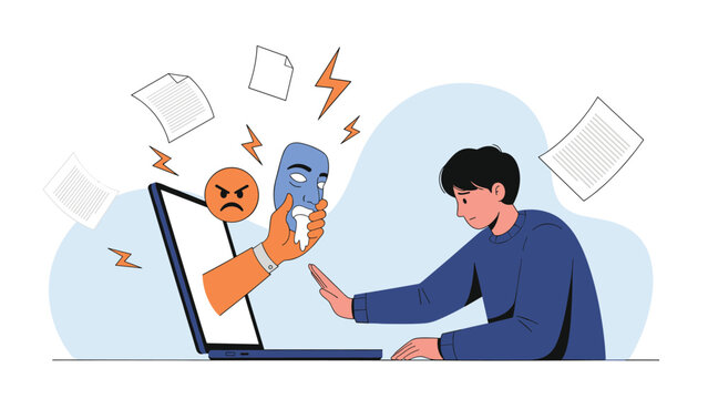 Distressed young man facing cyberbullying and online harassment with a menacing hand emerging from a laptop screen.