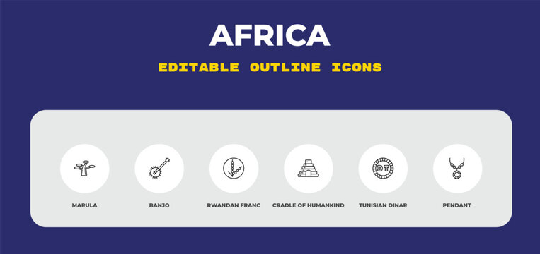 outline africa icons set - marula, banjo, rwandan franc. editable vector for web and mobile ui