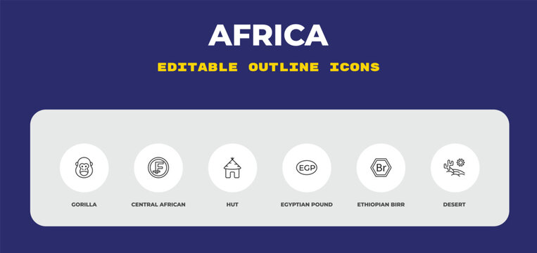 outline africa icons set - gorilla, central african franc, hut. editable vector for web and mobile ui